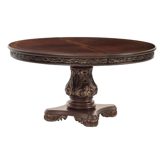 Benjara Ellie 60-76" Round Extending Dining Table- Pedestal Base- Cherry Brown
