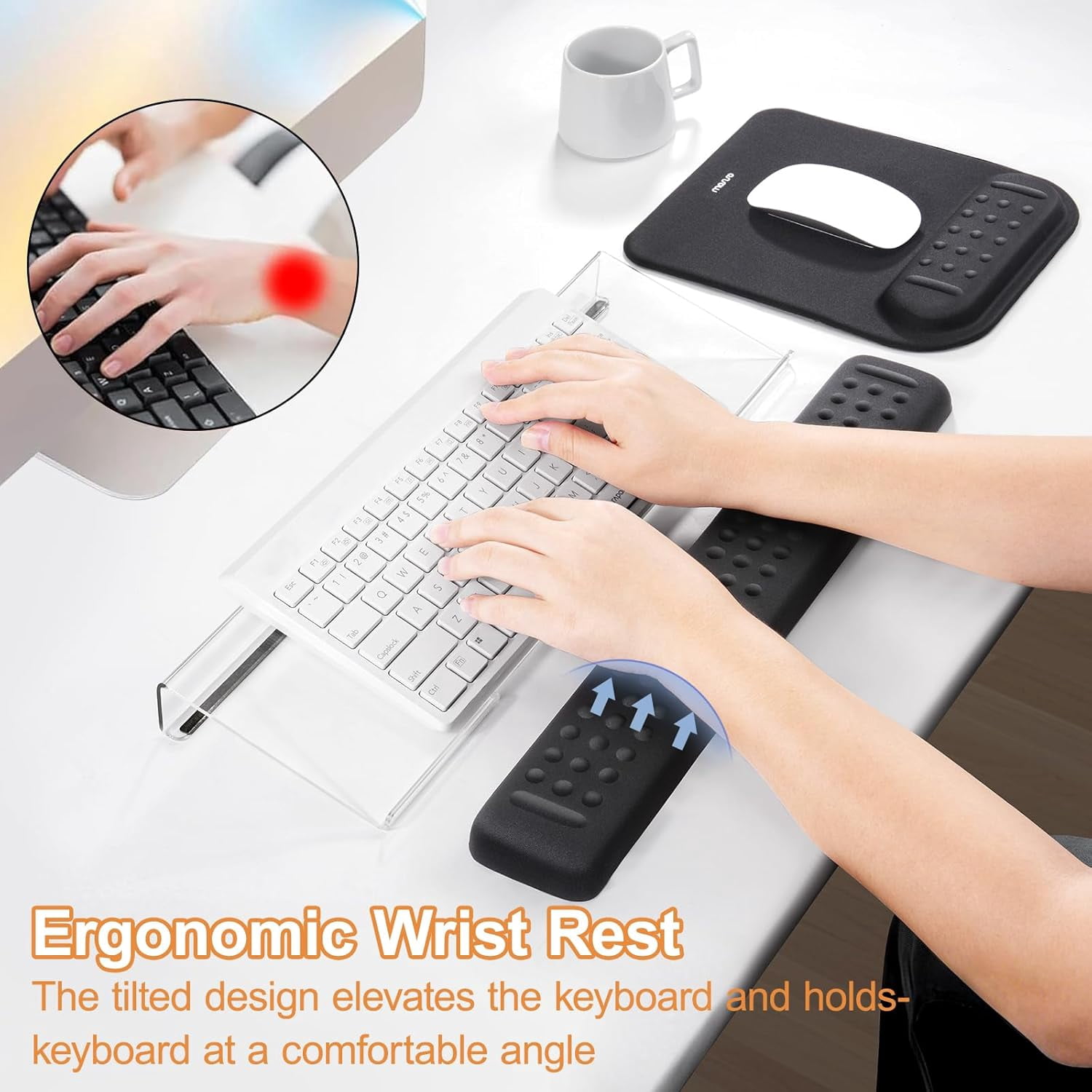 Computer Keyboard Stand&Wrist Rest Support for Keyboard &Mouse Pad Set, Ergonomic Massage Wrist Rest Set, Easy Typing Working Acrylic Clear Stand for Office Home, Black