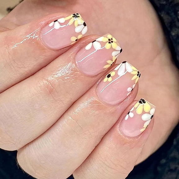 Spring Press on Nails Short Square Fake Nails White French Tip Nails Press ons Glossy Glue on Nails Nude Full Cover False Nails with White Flower Designs Artificial Stick on Nails for Women 24Pcs