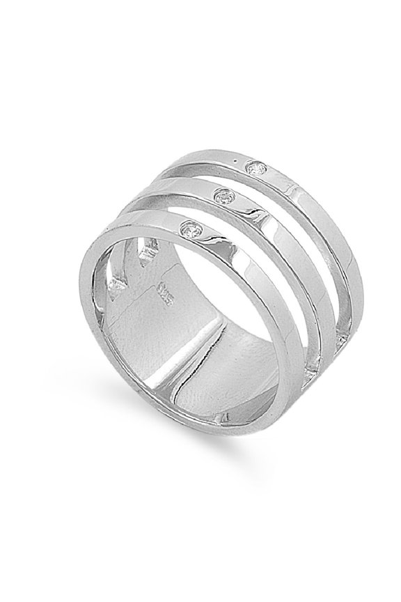 Tri Row Cubic Zirconia Ring Sterling Silver 925 Size 6