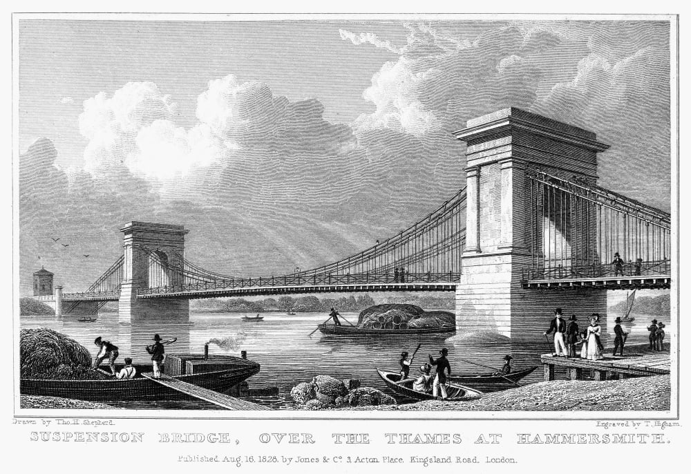 Hammersmith Bridge, 1828. /Nview Of The Suspension Bridge Over The Thames In Hammersmith, London