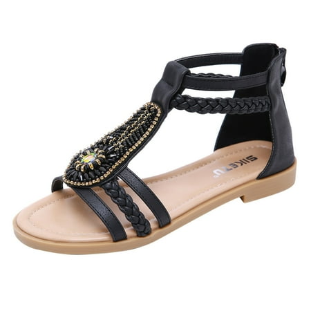 

Rdeuod Womens Flats Sandals Women Beach Bohemian Vintage Beaded Zip-Up Rhinestone Roman Women S