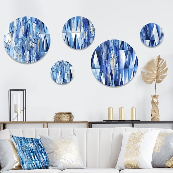Designart "Cobalt Blue Mosaic in Coastal Style II" Geometric Round Wall Art Set Of 5 - Blue Modern Living Room Wall Metal Art Set