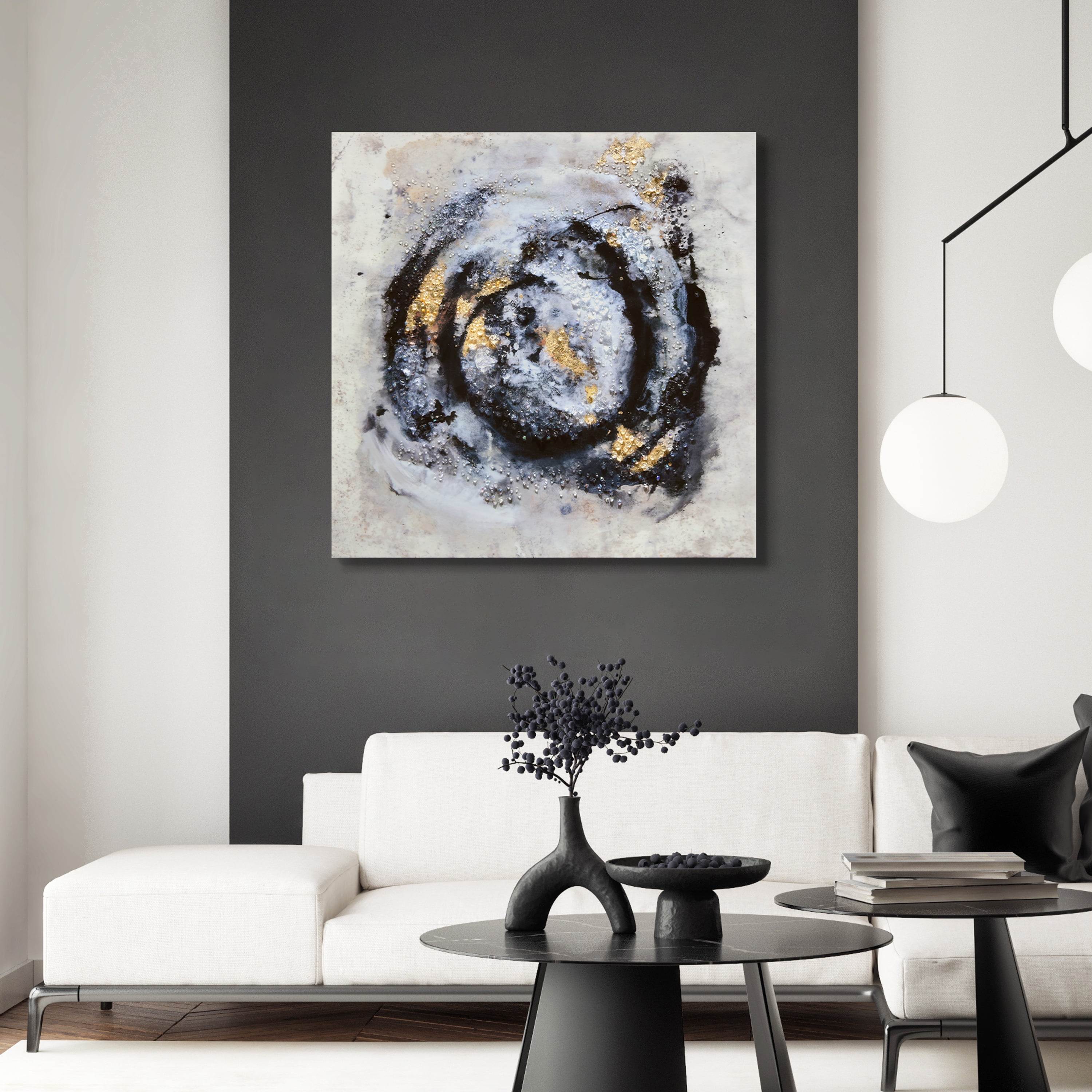 "Cosmic Swirl I & II" Crystallus Epoxy Coated Wrapped Glossy Abstract Canvas Wall Art with Heavy Acrylic Crystal Shards Embellishments, Gold Foil Accents