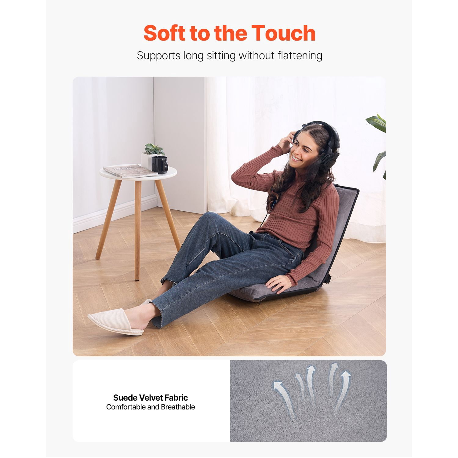 Adjustable Floor Chair with 6 Recline Positions, High-Density Foam, Suede Fabric, Foldable, for Reading Gaming Relaxing
