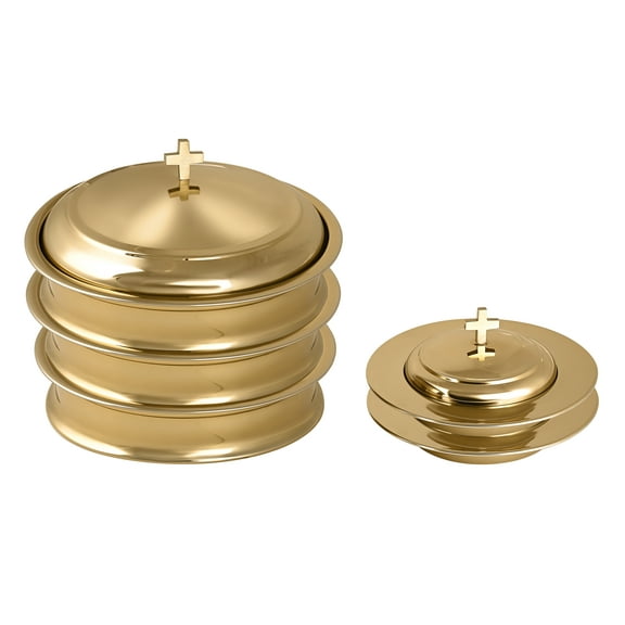 Mayur Exports Communion Ware Set | 3 Holy Wine Serving Trays with Lids & 2 Stackable Bread Plates with Lids | Stainless Steel Brass/Gold Shiny Finish