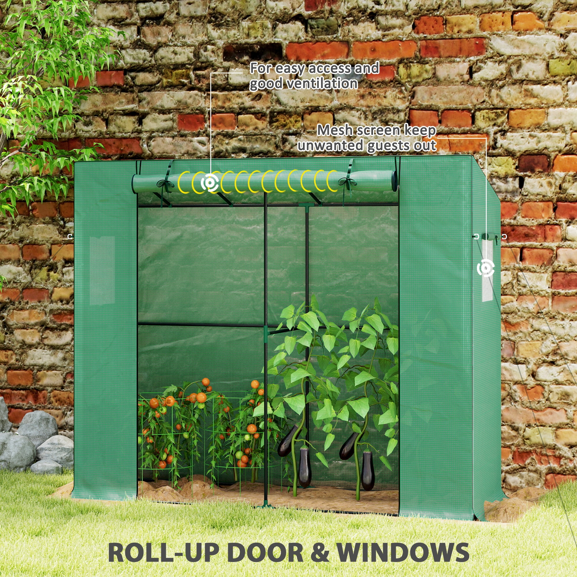 FASCK 6.6' x 2.5' x 5.6' Lean-to Small Greenhouse for Outdoors, Portable Greenhouse with UV-Resistant PE Cover, Walk-in Green House with Roll-up Door and Mesh Windows,Green