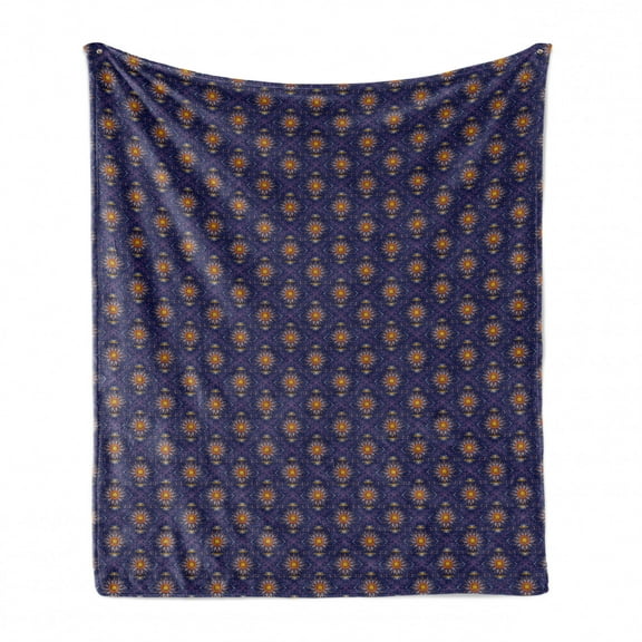Folk Soft Flannel Fleece Throw Blanket, Eastern Style Inspired Pattern with Sun Motif and Crossed Branches Repeating, Cozy Plush for Indoor and Outdoor Use, 50" x 70", Indigo Multicolor, by Ambesonne