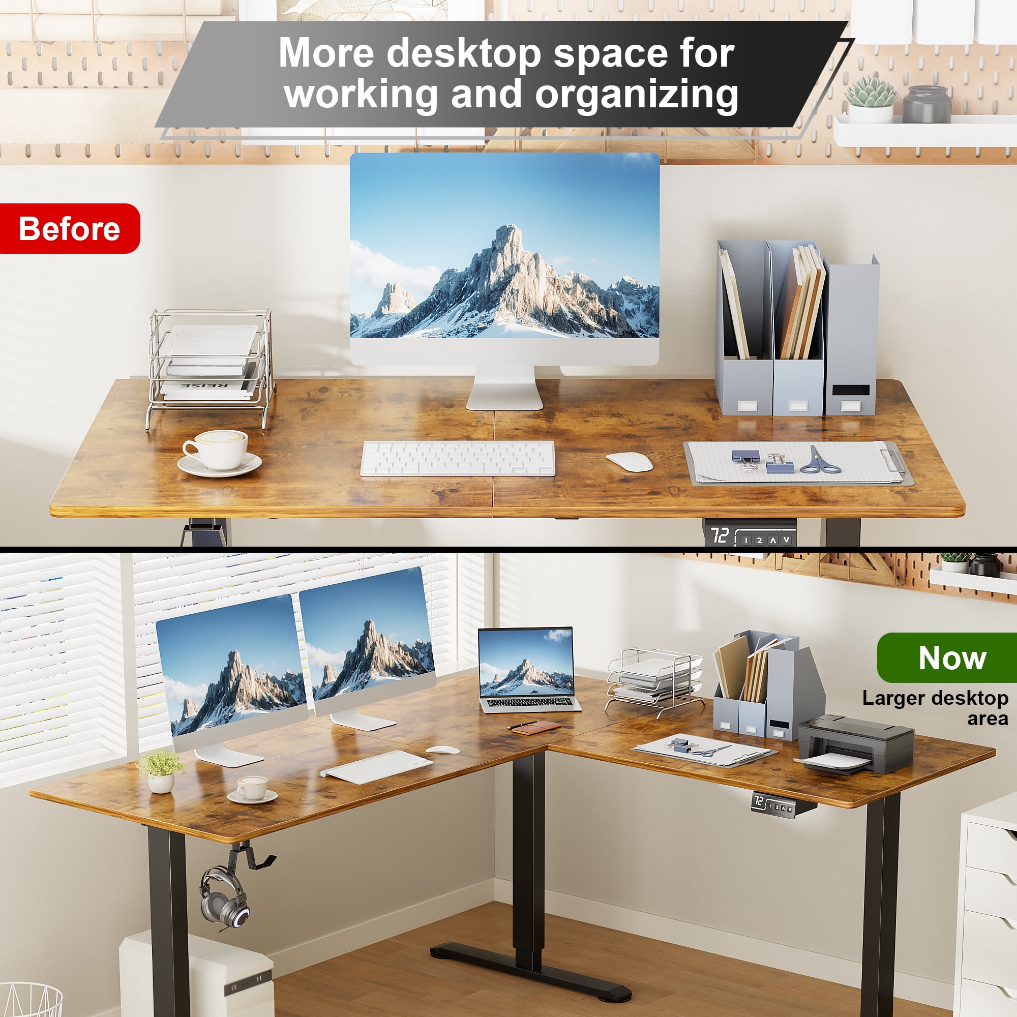 Homall 63in Wide L-shaped Electric Sit-Stand Desk Lifting Range 28~46in Height Gear Memory Ergonomics Standing Desk Height Adjustable Computer Desk, Brown