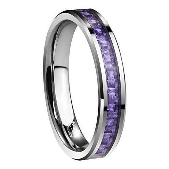Wedding Rings For Women. 4mm Silver Tungsten Band with Purple Carbon Fiber