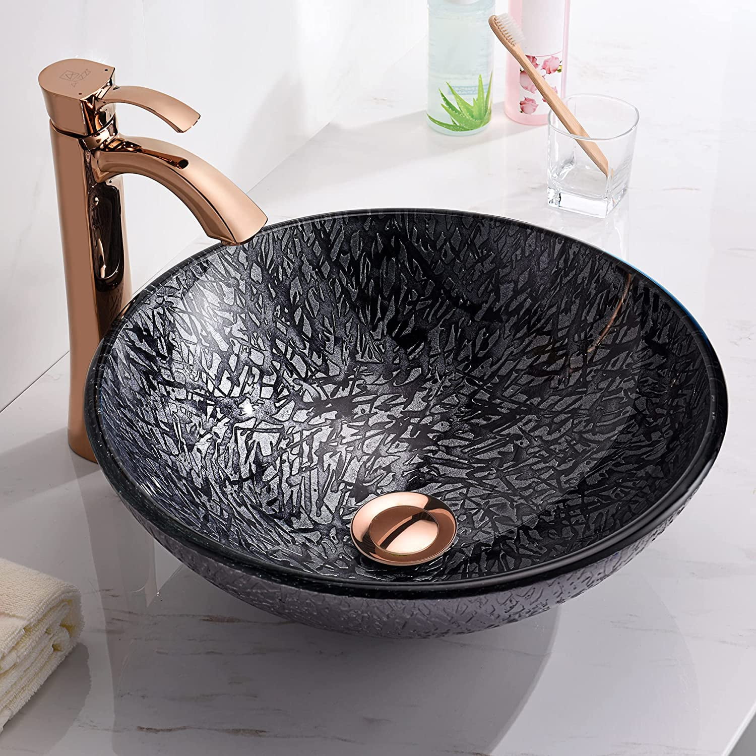 Modern Tempered Glass Vessel Bowl Sink in Gray Grey Charcoal Top