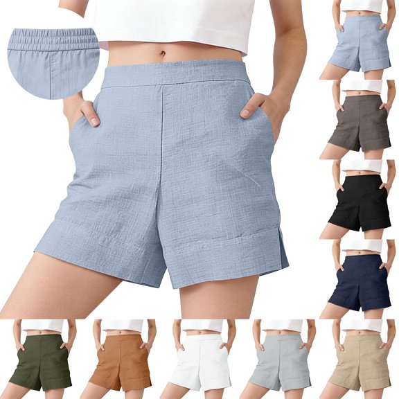 Dressy Shorts for Women Only Moment Shorts for Women Cotton and Linen Soft High Waist Shorts for Home,Summer with Pockets, Travel and Beach Vacation Light Blue,L