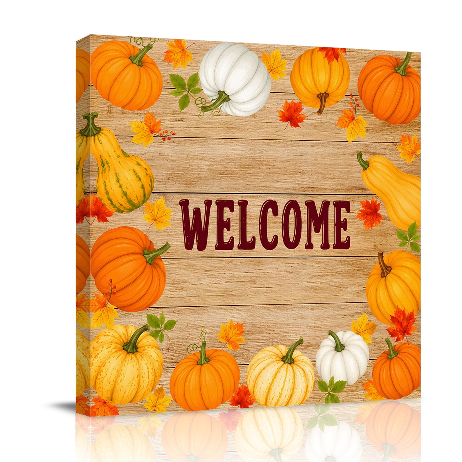 Canvas Wall Art Welcome Fall Framed Canvas Prints for Bathroom Kitchen Orange Pumpkins Thanksgiving Wood Grain Gallery Wrapped Wall Decor for Home Office Gifts 10 x10 Ship Next Day