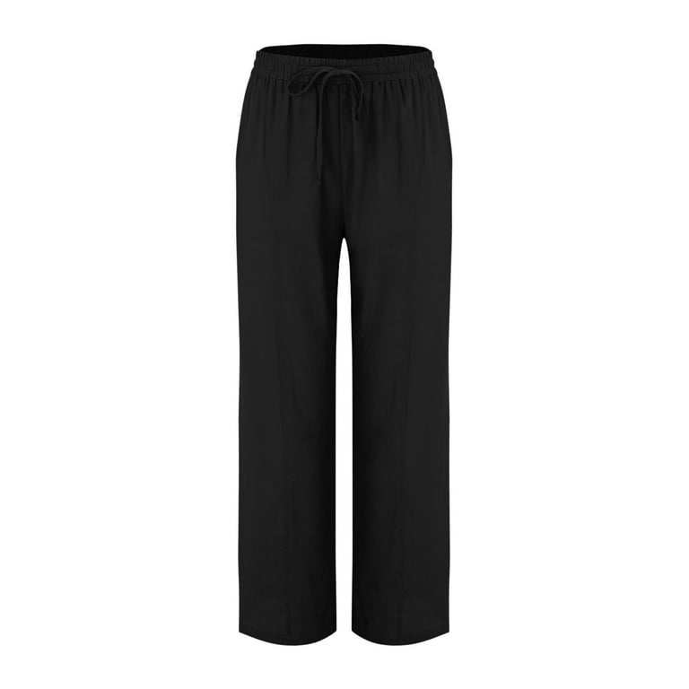AWXNJUX Wide Leg Pants Woman Women Casual Solid Color Trouser Pant Cotton Blend Drawstring Elastic Waist Pocket Long Wide Leg Pants Women s Casual Pants Women Pants Femme Pantalon Black XL Walmart