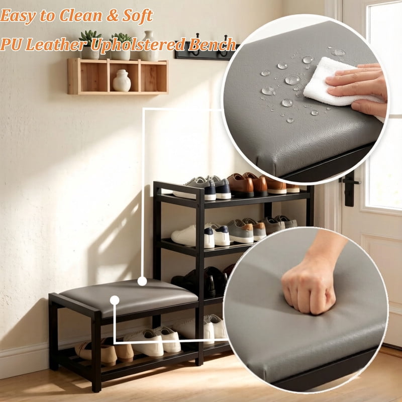 4-Tier Shoe Rack and Upholstered PU Leather Shoe Bench Set of 2, Carbon Steel Free Standing Shoe Storage Shelf