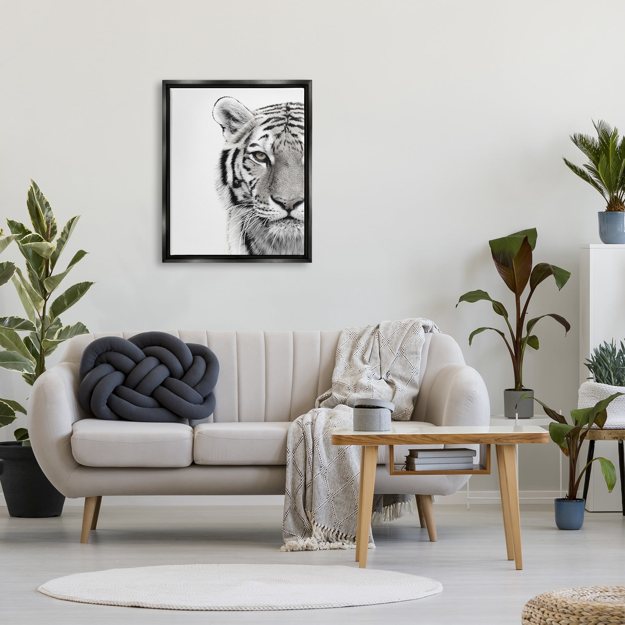 Stupell Industries White Tiger Close Up Black and White Photography Jet Black Framed Floating Canvas Wall Art, 24x30, by Design Fabrikken