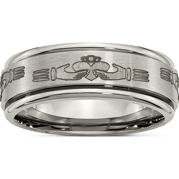 Titanium Brushed/Polished Claddagh Laser Design 8mm Ridged Edge Band (Size 12) Made In China tb11n-12