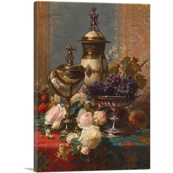 ARTCANVAS Still Life With Roses Grapes Silver Inlaid Nautilus Shell Canvas Art Print by Jean-Baptiste Robie - Size: 40" x 26" (1.50" Deep)