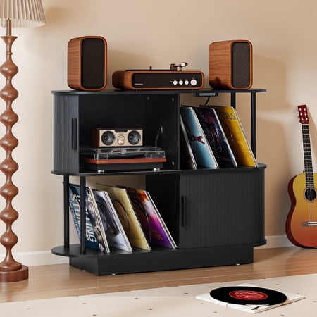 Wirrytor 42" Oval Record Player Stand with Tambour Doors, 2-Tier Modern Record Storage Cabinet Holds 250 Albums for Living Room, Black