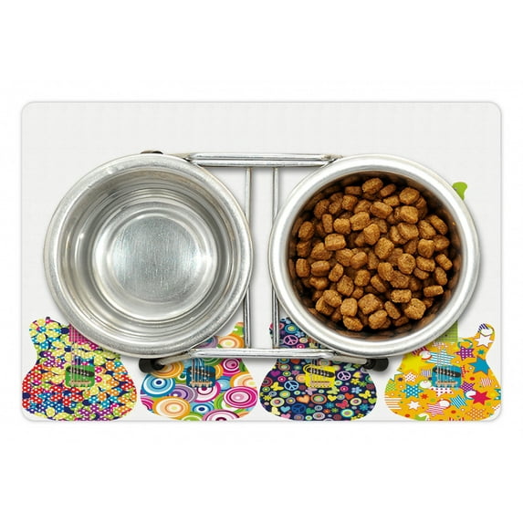 Popstar Party Pet Mat for Food and Water, Electric Guitars Design Colorful Flowers Stars Circles Abstract Pattern, Non-Slip Rubber Mat for Dogs and Cats, 18" X 12", by Ambesonne