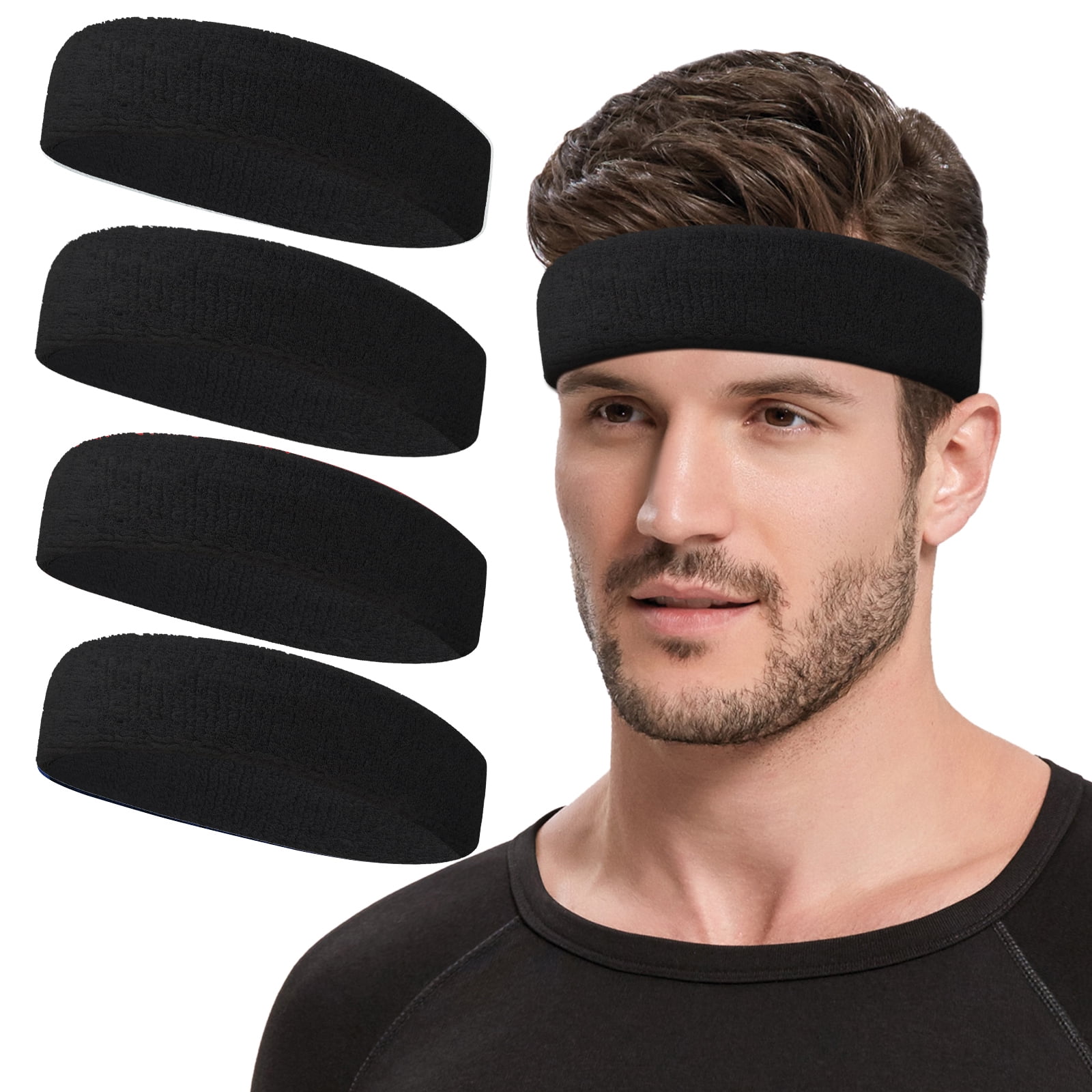 NONSTOP Sports Headbands for Men (Black 4 Pack), Moisture Wicking