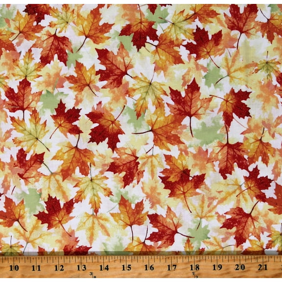 Cotton Leaves Leaf Fall Autumn Seasonal Plants Trees Harvest Thanksgiving Holiday White Cotton Fabric Print by the Yard (V5187-66-AUTUMN/GOLD)