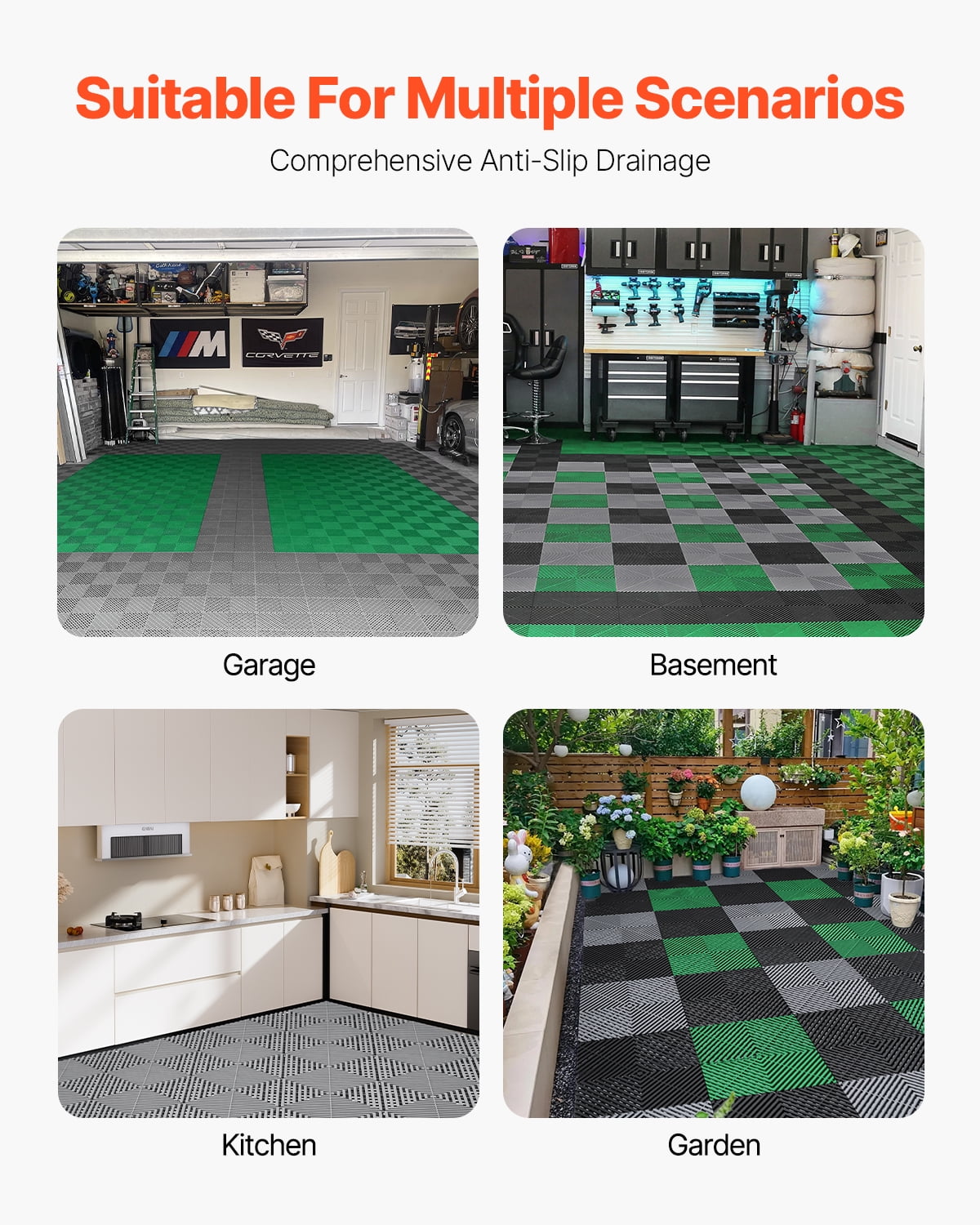 KFFKFF Drainage Floor Mat Set, 12” x 12” Modular Interlocking Padding, Set of 55 Connectable Drainage Mats, Slip-Resistant Gray PP Drainage Floor Tile and Bath Mat, Suitable for Garage, Garden