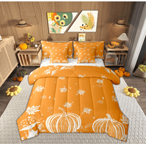 Manfei Teens Cartoon Pumpkin Twin Bedding Sets 7-Piece, Fall Autumn Leaf Bedding Comforter Set, Harvest Thanksgiving Day Reversible Sheet Sets, Lightweight Room Decor