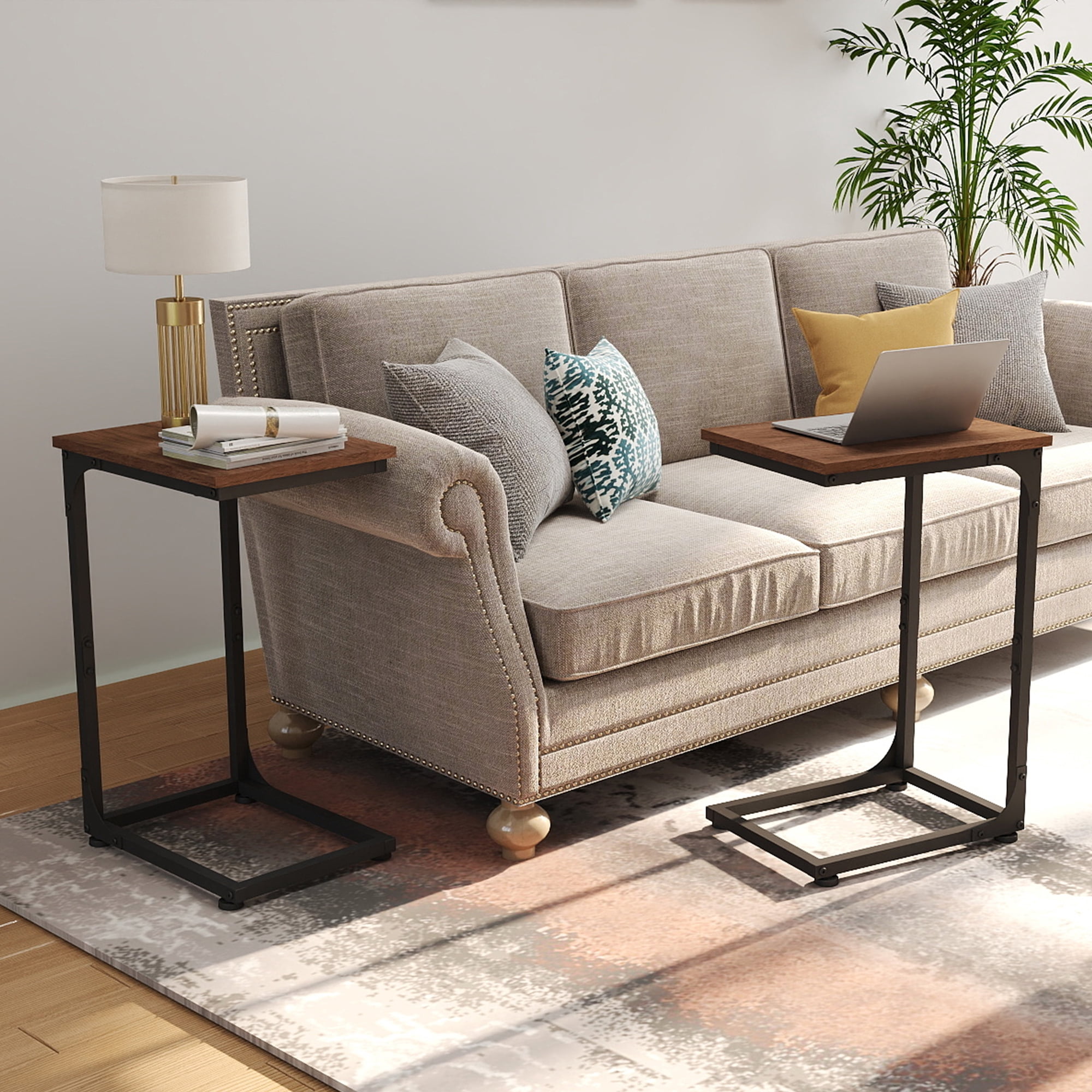 Melocadol C-Shaped End Table Set of 2, C Shaped Under Couch Slider, Small Side Tables with Metal Frame, Adjustable Feet, for Living Room, Bedside, Sofa, TV Dinner, Recliner, Walnut