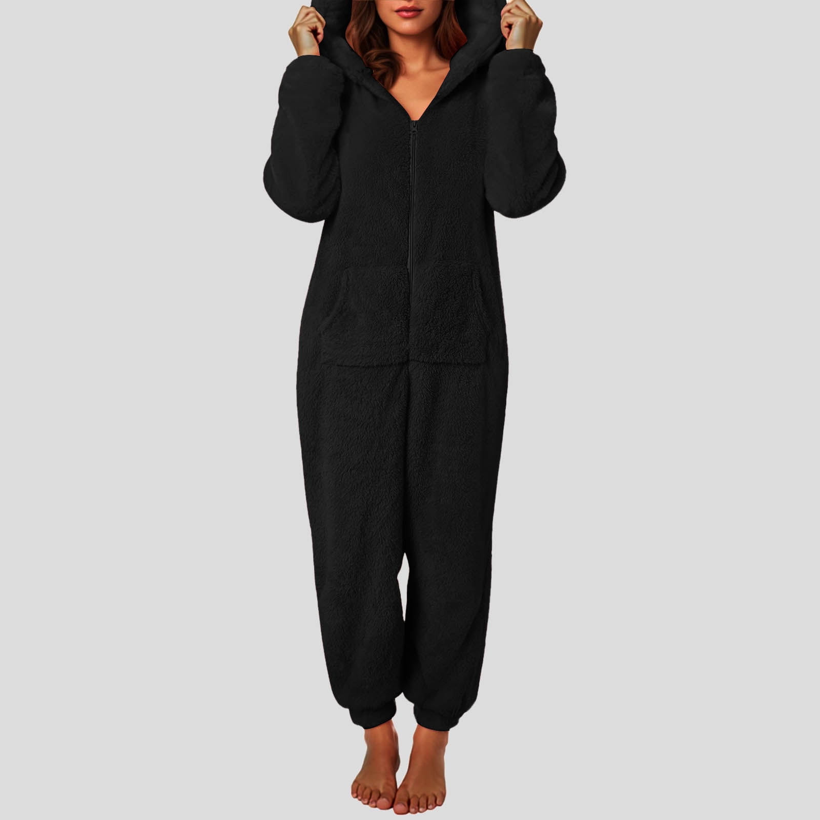 Rotm Fluffy Pajamas Winter Warm Thermal Romper Fleece Onesie Pajama One-Piece Zipper Hooded Jumpsuit Sleepwear Playsuit for Women Black,5XL