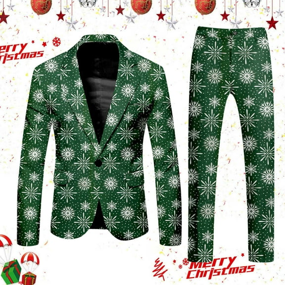 Mens Christmas Suits 2 Piece Casual Xmas Snowflake Printed One Button Jacket and Pant Set Slim Fit Business Office Suits