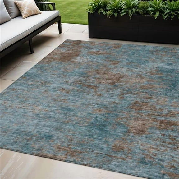HomeRoots 609395 5 x 8 ft. Teal Blue & Brown Abstract Washable Indoor & Outdoor Rectangle Area Rug