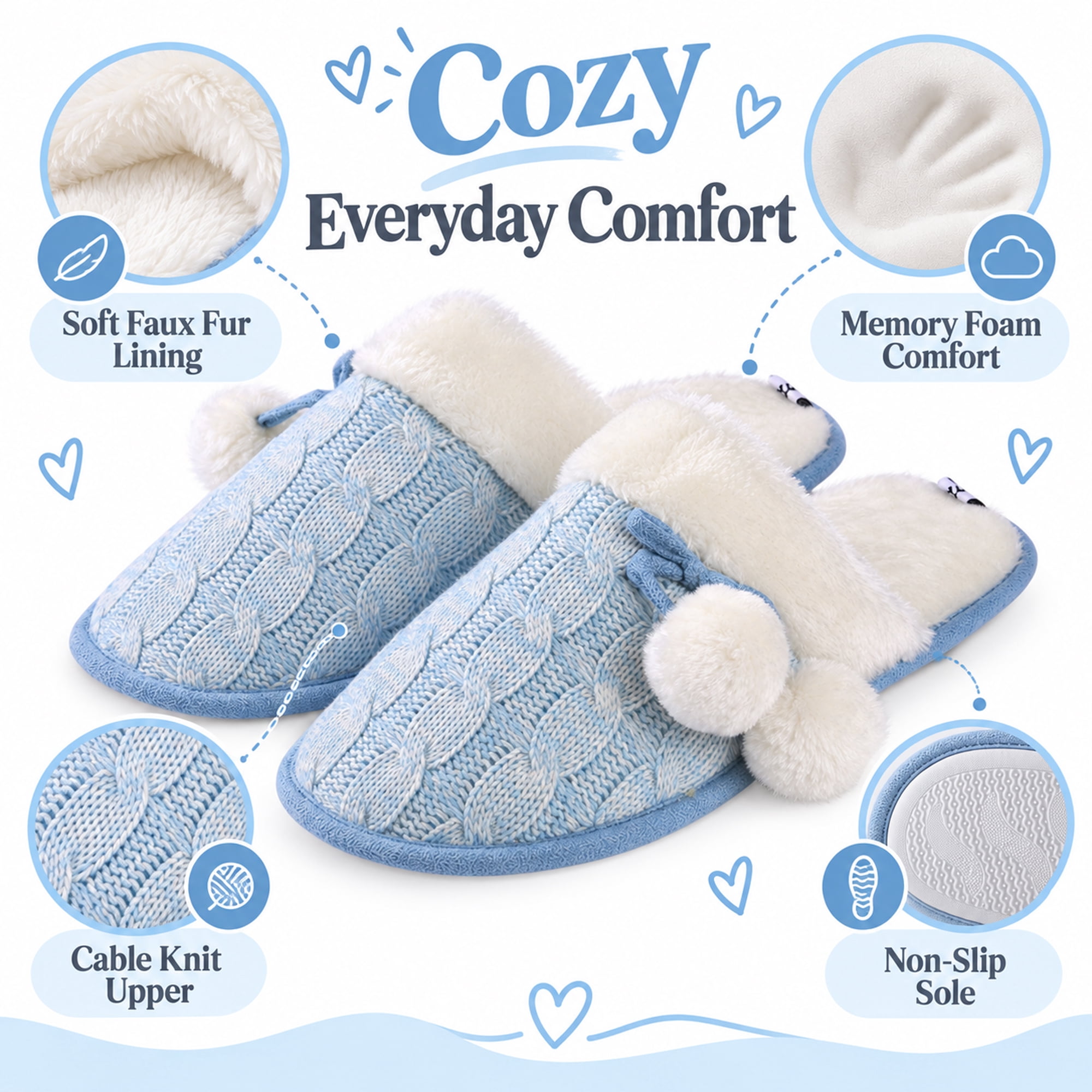 Women’s Cozy Knit Pom-Pom Slippers with Memory Foam, Plush Lined Non-Slip House Shoes, Indoor Slip-On Slippers