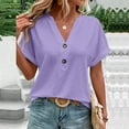 thumbnail image 4 of Bigersell V-Neck Button T-Shirt for Women Summer Tunic Tops Womens Tshirts V Neck Short Sleeve Buttons Tops Tee Solid Color Casual Loose Fitted Blouse Shirts, T-15, Purples, M, 4 of 7
