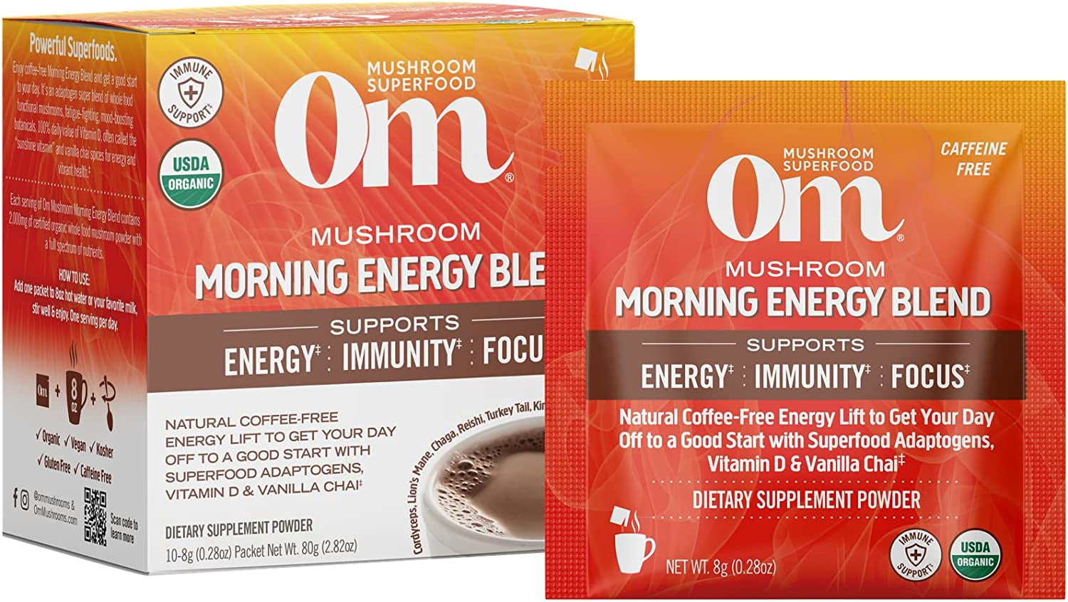 Om Mushroom Superfood Morning Energy Blend Mushroom Powder Drink, Single Serve, 10 Count