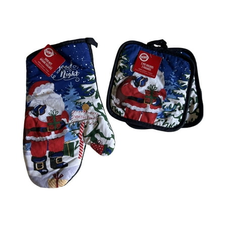 Santa Claus Holiday Kitchen Set – 3-Piece 100% Cotton Oven Mitt with 2 Pot Holders, Red and Blue Christmas Baking Accessories