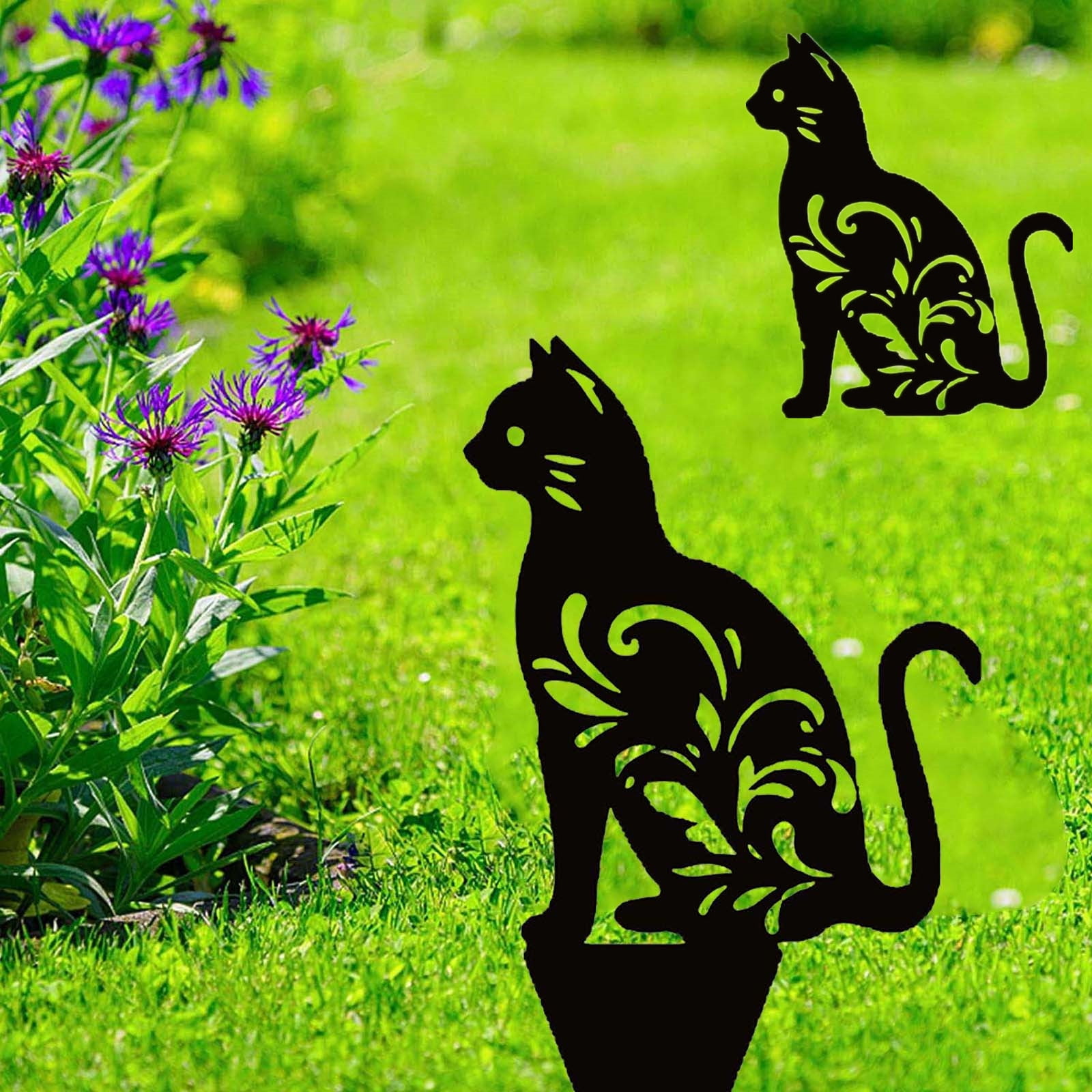 Black Metal Cat Kitty Silhouette Stakes Decor Shadow Cutouts For Garden Yard Set