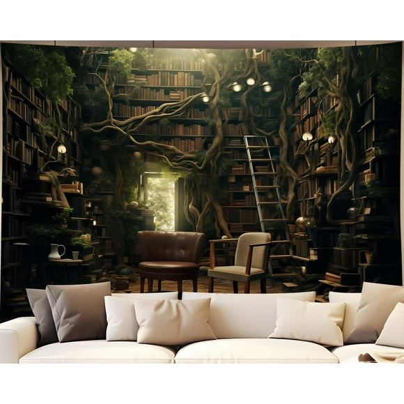 shiyou-Study Room Tapestry, Vintage Bookshelf Tapestry Wall Hanging Horizontal Large Library Tapestry Witchy Bedroom Living Room Home Decor (80x60in)