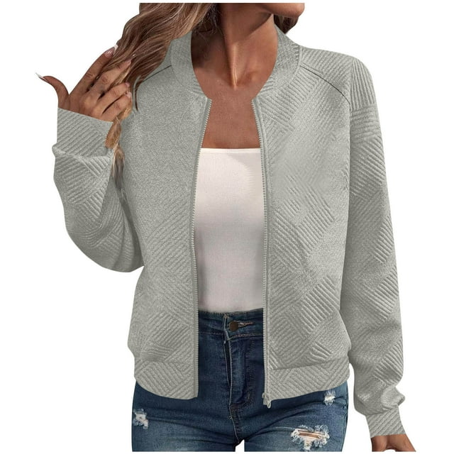 aohooy Blouson Bomber à Col Montant pour Femmes à Manches Longues à Fermeture Éclair Veste Légère Décontractée Mode Texturée Vestes d'Automne 2025 Gris,G