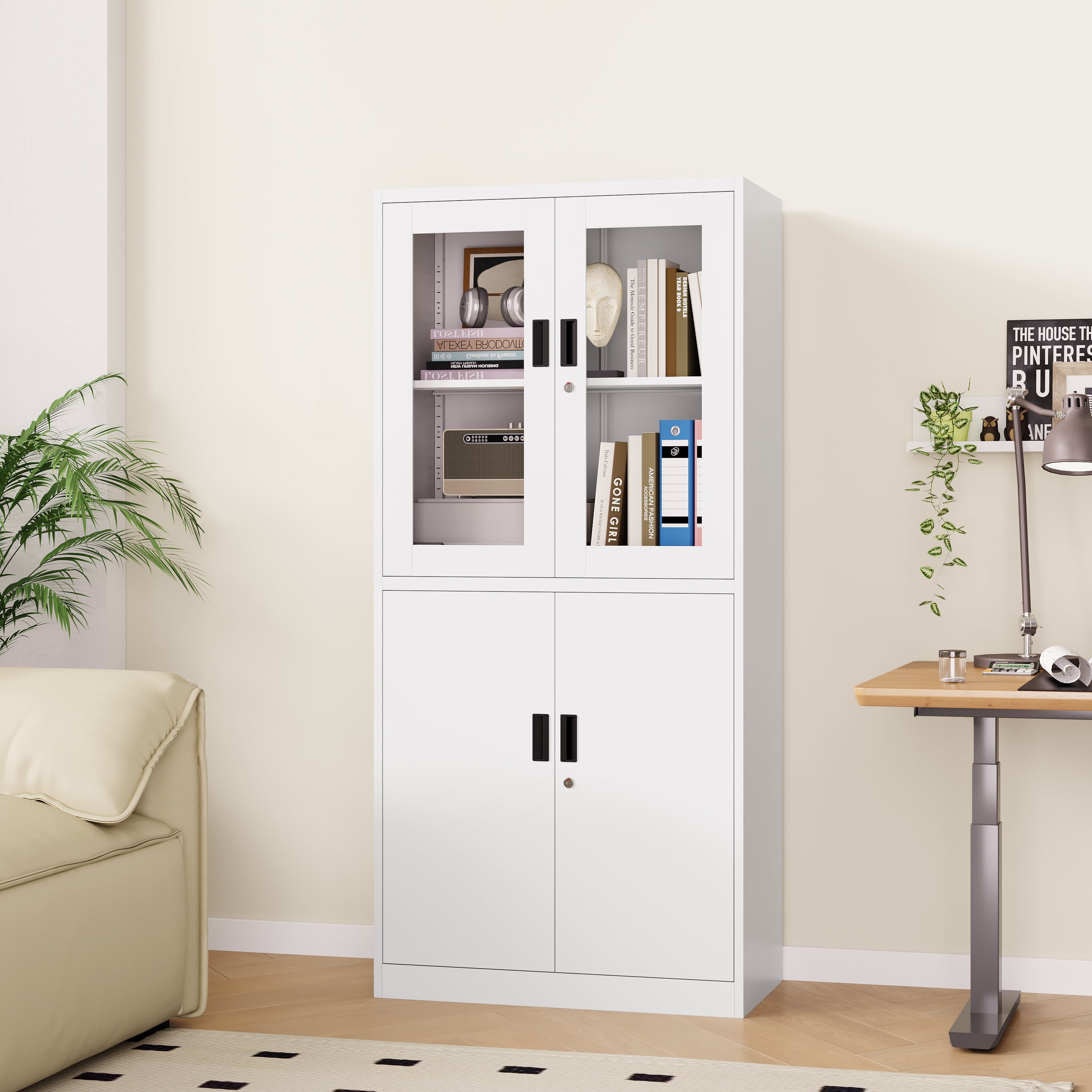 STANI Heavy Duty Metal Cabinet with Lock, Tall Office Storage Cabinet with Glass Door, Lockable White Steel Cabinet with 2 Adjustable Shelves for Home, Clinic, Pantry, Basement