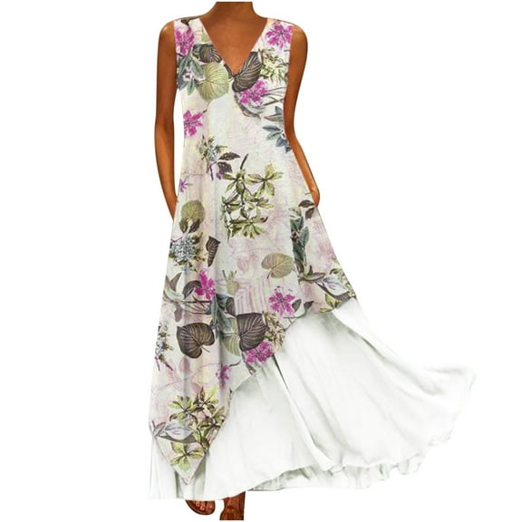 ZVAVZ Sundresses for Women Summer 2025 Beach Patchwork Maxi Dress Casual V Neck Sleeveless Sundresses Cute Floral Dresses