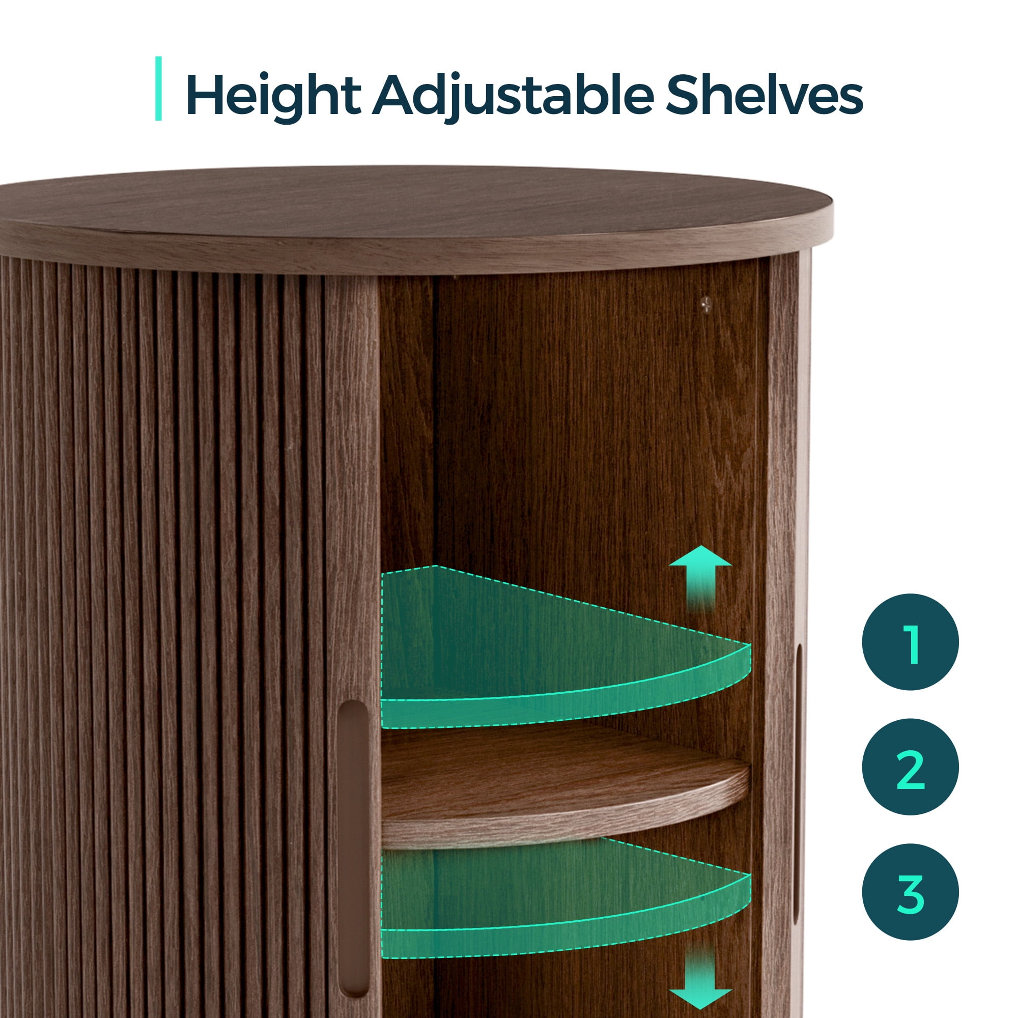 LINSY HOME Fluted Round End Tables for Living Room, Nightstand for Bedroom with with Sliding Tambour Door and Adjustable Shelves, Walnut(1 Pcs)