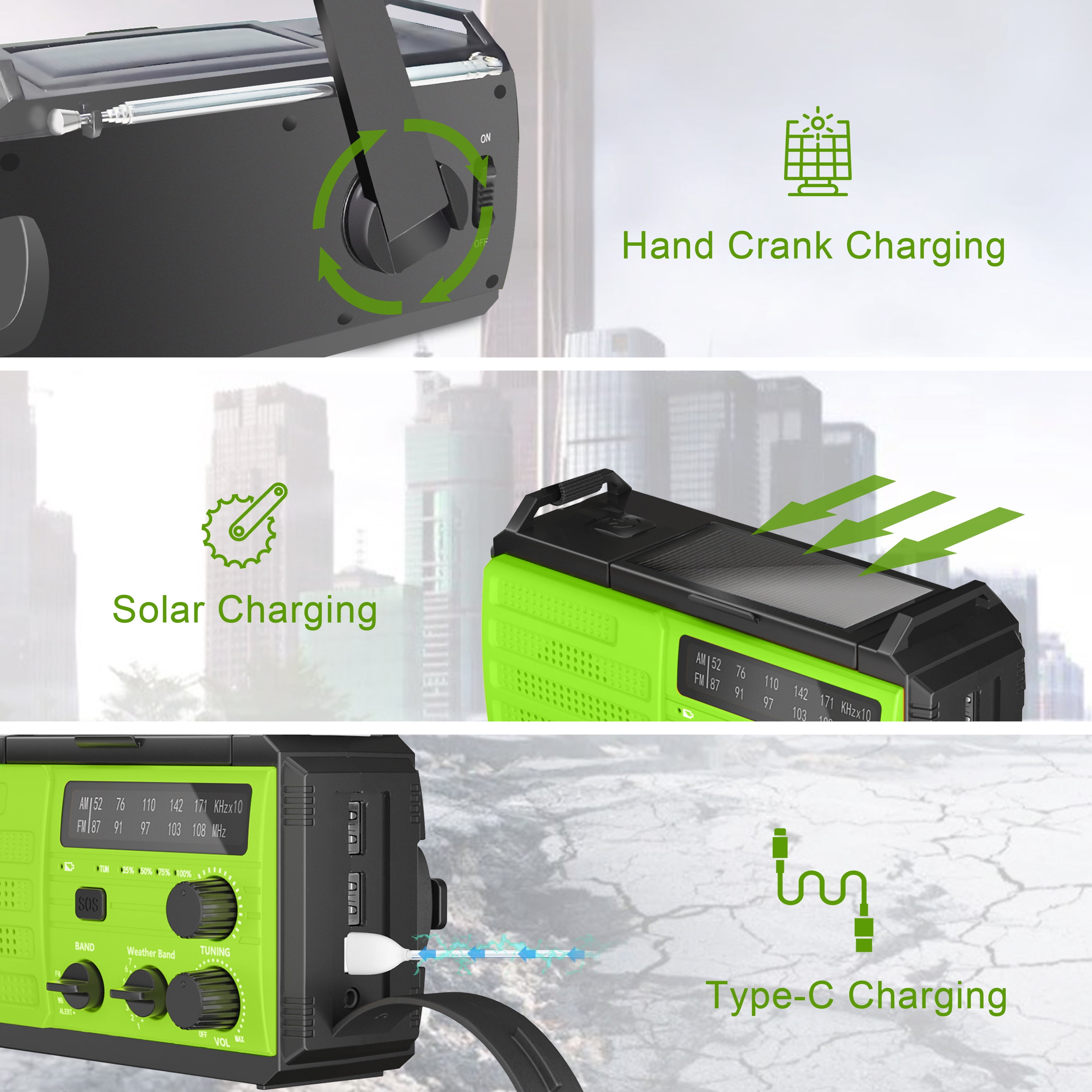 Jazmm  22200mWh Emergency Crank Radio, Emergency Solar Radio, NOAA/AM/FM Weather Radio, SOS Alarm, 6000wAh Battery Hand Crank Flashlight, Compass for Tornado, Winter Storm, and Survival Kits(Green)