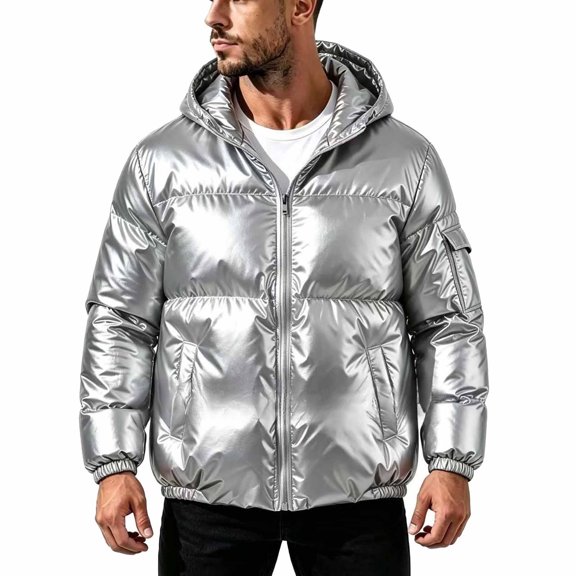 Men's Hooded Puffer Jacket Full Zip Quilted Puffer Winter Coat Warm Outerwear with Multi Pocket,Windproof Comfy Daily Wear,Silver,5XL