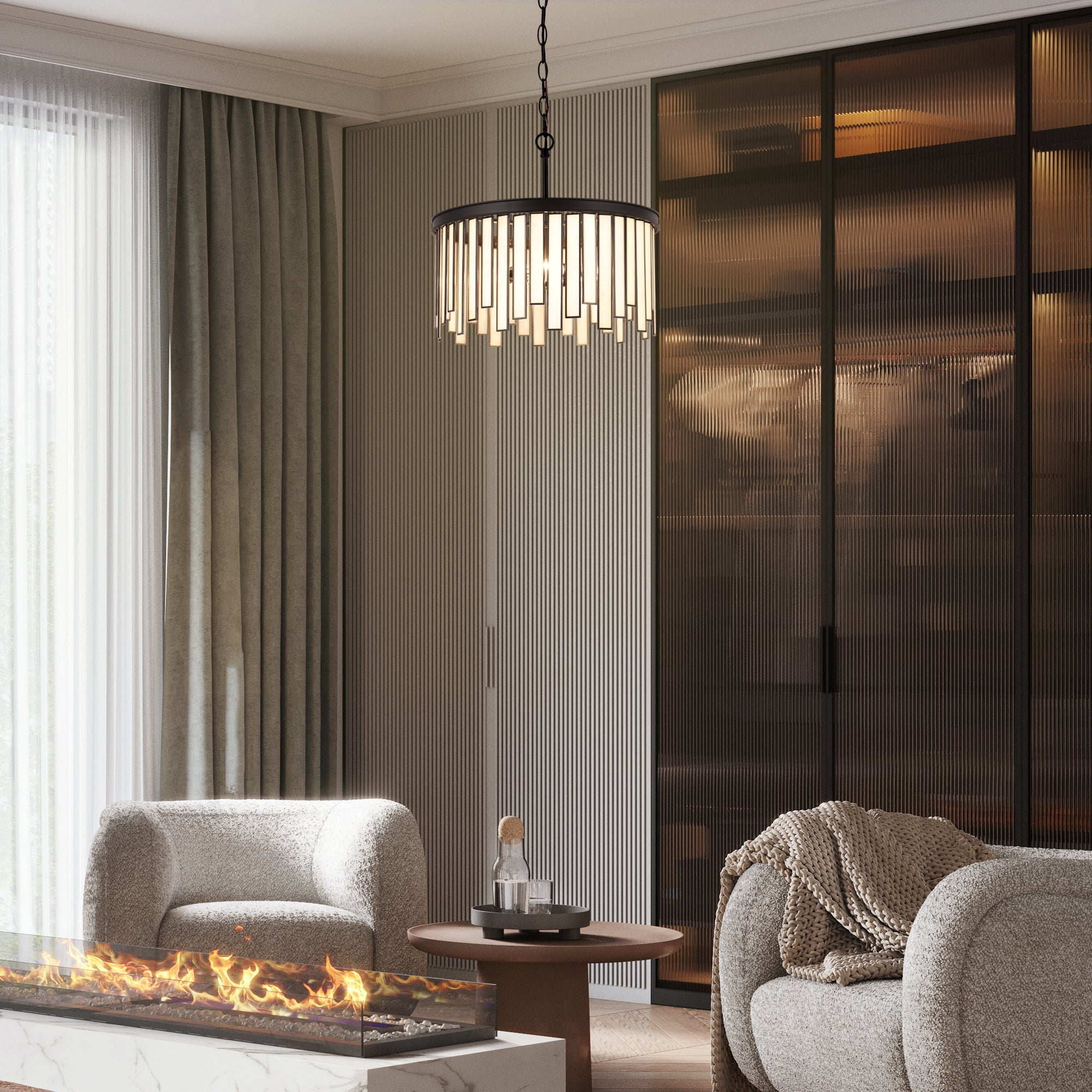LNC Hemaaolay 3-Light Matte Black and Gold, Tiffany Art Glass Drum Pendant Light