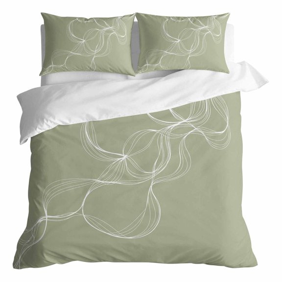 Duvet Cover Queen Size 3 Piece Bedding Set, Stripes on Sage Green Background Soft Breathable Comforter Cover with 2 Pillow Shams, Abstract White Lines Luxury Duvet Covers with Zipper Closure