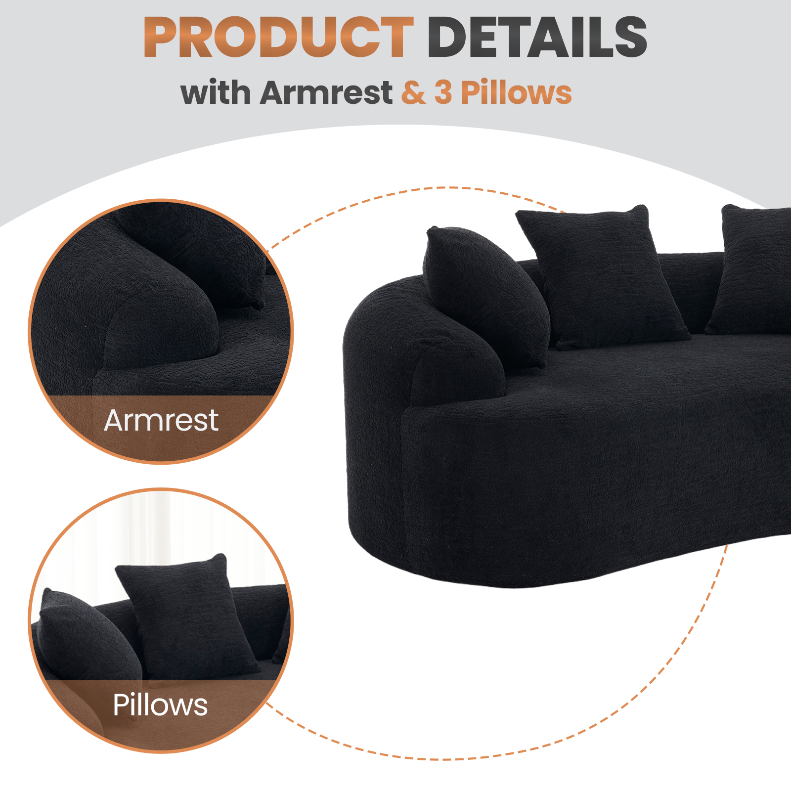 Loveseat Sofa, 65" Modern Minimalist Curved Loveseat Couch 2 Seat No Assembly Deep Seat Sofa with 3 Pillows for Living Room and Small Spaces, Black