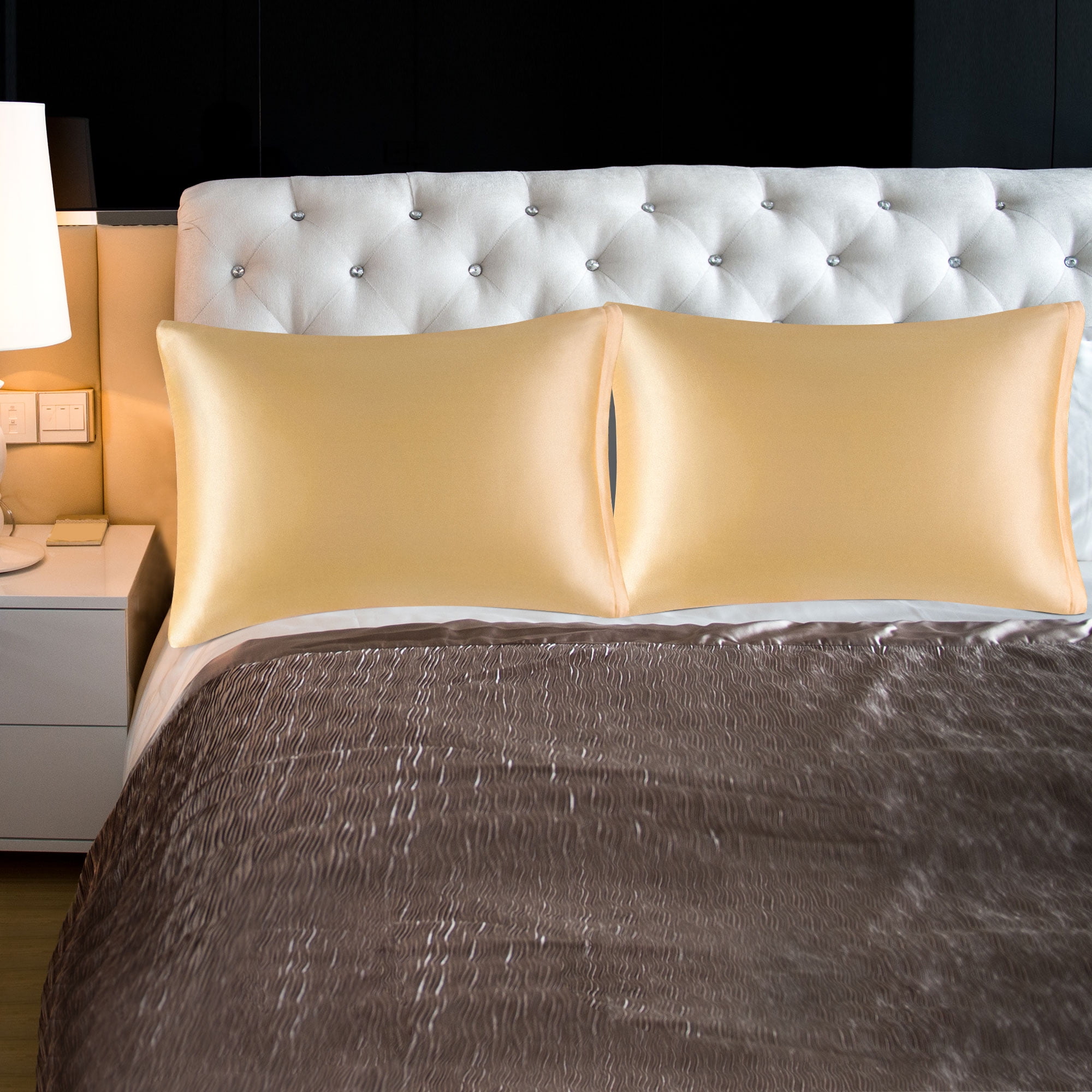 Unique Bargains Satin Set of 2 Zipper Closure Pillowcases Gold 20"x30"