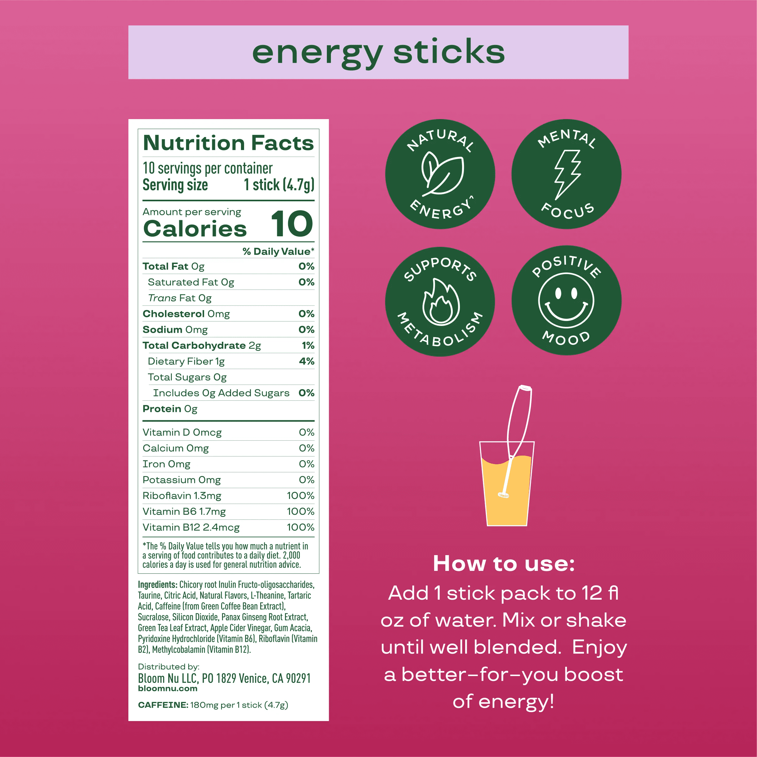 Bloom Nutrition Energy Powder Drink Mix, Shirley Temple, 10 Count