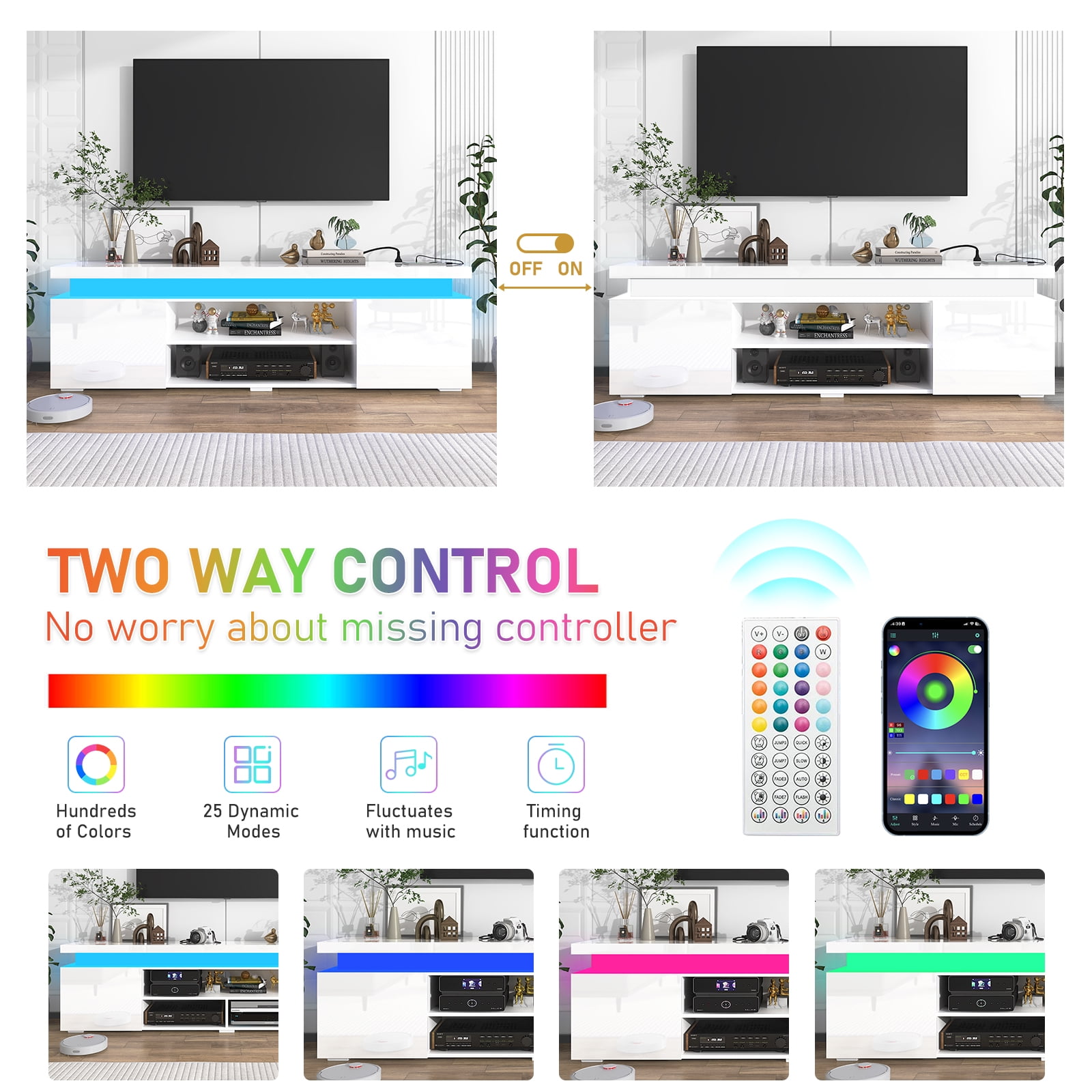 75" LED TV Stand with Power Outlet for up 85" TVs, Modern Large Entertainment Center TV Console Table with Wide Open Shelf